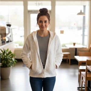 French Laundry Women Petite Medium White Hoodie Full Zipper Pockets Sweater